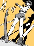  1girl absurdres dutch_angle from_below greyscale highres loafers looking_to_the_side miniskirt monochrome original pleated_skirt school_uniform shadow sheath shoes short_hair simple_background skirt sword tuskryo weapon yellow_background 