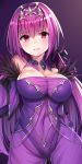  1girl beeyan breasts caster_(lostbelt) circlet covered_navel dress fate/grand_order fate_(series) large_breasts long_hair purple_hair red_eyes strapless strapless_dress 