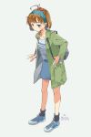  1girl 2018 ahoge alternate_costume animal animal_on_head backpack bag black_legwear blue_footwear blue_hairband blue_skirt brown_hair commentary crab dated full_body green_jacket hairband jacket kantai_collection kusakabe_(kusakabeworks) oboro_(kantai_collection) on_head pet shirt shoes short_hair simple_background skirt sneakers socks solo striped striped_shirt twitter_username white_background 