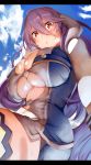  1girl bangs blue_sky blush breasts cleavage cleavage_cutout eyebrows_visible_through_hair freischutz_(phantom_of_the_kill) gloves hair_between_eyes highres hips huge_breasts lolicept long_hair looking_at_viewer open_mouth phantom_of_the_kill purple_hair red_eyes sky solo sweat waist 