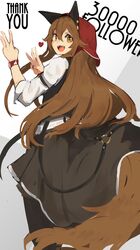  1girl :d animal_ears black_dress brown_eyes brown_hair commentary_request dress fangs followers from_behind hands_up head_scarf heart lansane long_sleeves looking_at_viewer looking_back open_mouth original shirt smile solo tail thank_you tsana_(lansane) white_shirt wolf_ears wolf_tail wristband 