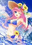  1girl ;d bangs bikini blue_bikini blue_eyes breasts commentary_request flower hand_on_headwear hat hat_flower highres long_hair looking_at_viewer marimo_ouji medium_breasts midriff moe2018 navel one_eye_closed open_mouth original palm_tree pink_hair side-tie_bikini smile solo straw_hat sun_hat swimsuit tree wading water 