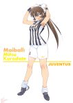  1girl adjusting_bow armpits bow breasts brown_eyes brown_hair cleats commentary_request full_body hair_bow highres inoue_sora juventus_fc kurodate_mitsu long_hair loose_socks mai_ball! ponytail shorts sleeves_rolled_up soccer soccer_uniform solo sportswear striped wristband 