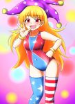 1girl american_flag_legwear blonde_hair bracelet clownpiece competition_swimsuit d-m_(dii_emu) fairy_wings hand_on_hip hat highres jester_cap jewelry light_particles long_hair one-piece_swimsuit print_legwear purple_background red_eyes red_swimsuit solo swimsuit thigh-highs touhou very_long_hair wings 