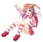  1girl arm_up backpack bag brown_eyes brown_hair commentary_request hair_bobbles hair_ornament highres kneehighs long_hair open_mouth original pink_shirt pink_skirt pointing randoseru shirt shoes side_ponytail sitting skirt smile solo striped striped_legwear 