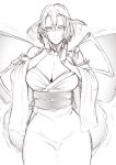  1girl antennae antennae_wagging bare_shoulders blush breasts embarrassed greyscale hair_between_eyes hands_on_own_cheeks hands_on_own_face highres insect_girl insect_wings japanese_clothes large_breasts monochrome monster_girl nakamura_regura obi original sash short_hair sketch solo wavy_mouth wide_sleeves wings 