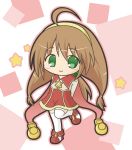  1girl ahoge arms_behind_back bangs blush boots brown_hair brown_shirt chibi closed_mouth commentary_request eyebrows_visible_through_hair full_body green_eyes hair_between_eyes hair_bobbles hair_ornament lilka_eleniak long_hair long_sleeves looking_at_viewer red_footwear red_skirt rinechun shirt skirt smile solo standing standing_on_one_leg star thigh-highs very_long_hair white_legwear wild_arms wild_arms_2 yellow_hairband 