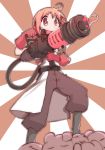  1girl absurdres ahoge black_footwear blush boots cosplay crossover eyebrows_visible_through_hair full_body gloves highres long_sleeves looking_away majormilk nonohara_yuzuko pink_eyes pink_hair red_gloves rubber_gloves short_hair smile solo team_fortress_2 the_medic the_medic_(cosplay) the_quick-fix yuyushiki 