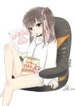  1girl 2018 akira_b bag_of_chips bangs barefoot brown_eyes brown_hair chips closed_mouth commentary_request creature earphones earphones eyebrows_visible_through_hair feet_out_of_frame food food_in_mouth gloves head_tilt long_sleeves looking_at_viewer mouth_hold no_pants original paw_gloves paws potato_chips puffy_long_sleeves puffy_sleeves shirt sidelocks signature simple_background sitting solo twintails white_background white_shirt 