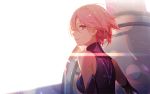  1girl ask_(askzy) bangs bare_shoulders breasts eyebrows_visible_through_hair fate/grand_order fate_(series) gloves leotard looking_at_viewer looking_back mash_kyrielight parted_lips pink_hair shaded_face shadow short_hair simple_background smile solo sunlight violet_eyes white_background wind 