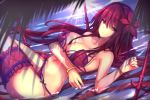  1girl antiqq bikini bracelet breasts cleavage fate/grand_order fate_(series) flower gae_bolg hair_flower hair_ornament hibiscus jewelry large_breasts leg_garter looking_at_viewer lying navel on_back palm_tree partially_submerged pink_bikini purple_bikini purple_hair red_eyes scathach_(fate/grand_order) scathach_(swimsuit_assassin)_(fate) swimsuit tree water 