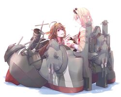  2girls absurdres ahoge blonde_hair blue_eyes braid brown_hair cannon crown detached_sleeves double_bun dress french_braid headgear highres kantai_collection kongou_(kantai_collection) long_hair long_sleeves mini_crown multiple_girls nontraditional_miko off-shoulder_dress off_shoulder pin.s remodel_(kantai_collection) rigging simple_background sitting thigh-highs throne turret warspite_(kantai_collection) white_background white_dress white_legwear 