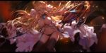  1girl absurdres aircraft airplane artist_name azur_lane babydoll backlighting bangs bare_arms bare_shoulders black_legwear black_panties blonde_hair blue_eyes breasts broken broken_chain chains character_name cleavage collarbone explosion foreshortening gem hair_ornament hair_ribbon hairclip highres holding holding_staff large_breasts leaning_forward long_hair looking_at_viewer motion_blur navel outstretched_arm panties ribbon solo staff standing swd3e2 swept_bangs thigh-highs turret underwear very_long_hair victorious_(azur_lane) white_ribbon 