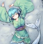  1girl asa_(ces6ces8) blue_eyes blue_hair blush breasts commentary drill_hair embarrassed fish_tail from_above green_kimono head_fins highres japanese_clothes kimono large_breasts lips long_sleeves looking_up lying mermaid monster_girl obi sash solo touhou wakasagihime wide_sleeves 