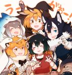  5girls animal_ears black_hair blonde_hair blue_eyes blush bow bowtie closed_eyes elbow_gloves eyebrows_visible_through_hair fang fingerless_gloves fur_collar fur_trim gloves gradient_hair grey_hair grey_wolf_(kemono_friends) halloween_costume hat heterochromia jaguar_(kemono_friends) jaguar_ears jaguar_print kaban_(kemono_friends) kemono_friends long_hair multicolored_hair multiple_girls mummy_costume necktie open_eyes open_mouth otter_ears outstretched_arms pantyhose pleated_skirt serval_(kemono_friends) serval_ears serval_print seto_(harunadragon) shirt short_hair skirt small-clawed_otter_(kemono_friends) smile stitches t-shirt torn_clothes torn_pantyhose white_hair witch_hat wolf_ears yellow_eyes zombie_pose 