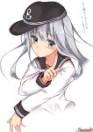  1girl artist_name black_hat black_sailor_collar blue_eyes blush commentary_request eyebrows_visible_through_hair flat_cap hat hibiki_(kantai_collection) highres kantai_collection long_hair long_sleeves sailor_collar sazamiso_rx school_uniform serafuku silver_hair simple_background solo translation_request white_background 