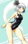  1girl :&lt; bangs black_swimsuit blue_eyes blunt_bangs bob_cut breasts commentary_request competition_swimsuit d-m_(dii_emu) feet_out_of_frame highres konpaku_youmu konpaku_youmu_(ghost) looking_at_viewer medium_breasts one-piece_swimsuit short_hair silver_hair solo standing swimsuit touhou 