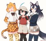  3girls animal_ears backpack bag black_hair blonde_hair blue_eyes bow bowtie bucket_hat closed_eyes elbow_gloves eyebrows_visible_through_hair fang feathers fur_collar gloves gradient_hair grey_wolf_(kemono_friends) hand_on_own_face hat heterochromia holding_strap jaguar_(kemono_friends) jaguar_ears jaguar_print jaguar_tail kaban_(kemono_friends) kemono_friends long_hair multicolored_hair multiple_girls necktie open_mouth pantyhose pleated_skirt seto_(harunadragon) shirt short_hair shorts signature skirt sleeve_cuffs smile sweatdrop t-shirt tail thigh-highs white_hair wolf_ears wolf_tail yellow_eyes zettai_ryouiki 