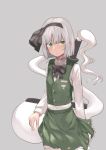  1girl arm_behind_back asuzemu bangs black_bow black_hairband black_neckwear black_ribbon blunt_bangs bow collared_shirt frilled_skirt frills ghost ghost_print ghost_tail green_eyes green_skirt green_vest hair_ribbon hairband highres hilt konpaku_youmu konpaku_youmu_(ghost) long_sleeves looking_to_the_side neck_bow ribbon shirt short_hair silver_hair skirt sword sword_behind_back touhou upper_body vest weapon white_shirt 