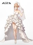  1girl aiko_(kanl) bare_shoulders bridal_veil bride choker dress formal gloves highres jidong_zhandui text veil wedding_dress white_background white_dress white_gloves 