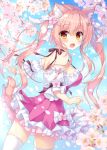  1girl 2018 :d ameto_yuki animal_ears artist_name bangs blue_sky blush breasts brown_eyes cat_ears cat_girl cat_tail cherry_blossoms commentary_request day detached_sleeves dress eyebrows_visible_through_hair fingernails flower hair_between_eyes large_breasts open_mouth original outdoors pink_dress pink_flower pink_hair puffy_short_sleeves puffy_sleeves short_sleeves sky smile solo spring_(season) tail thigh-highs twintails white_legwear 