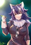  1girl animal_ears breast_pocket breasts fang_out fur_collar grey_wolf_(kemono_friends) heterochromia highres kemono_friends large_breasts looking_at_viewer multicolored_hair pencil pocket ryuusui_arumo solo two-tone_hair wolf_ears 