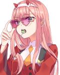  1girl adjusting_eyewear bangs candy commentary_request darling_in_the_franxx eyebrows_visible_through_hair food green_eyes hairband heart heart-shaped_eyewear heart-shaped_glasses heart-shaped_sunglasses highres horns lollipop mekune open_mouth orange_neckwear pilot_suit pink_hair simple_background solo straight_hair sunglasses white_hairband zero_two_(darling_in_the_franxx) 