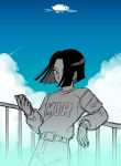  1boy android_17 belt black_hair blue_eyes cellphone clouds cloudy_sky dragon_ball dragon_ball_super dragonball_z earrings fingernails greyscale happy jewelry leaning_against_railing long_sleeves male_focus monochrome pants phone railing short_hair sky smartphone smile 