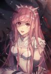  1girl artist_name bangs bra breasts brown_eyes cleavage dominatrix elbow_gloves fate/grand_order fate_(series) frills gloves highres long_hair looking_at_viewer medb_(fate/grand_order) medium_breasts open_mouth pink_hair sidelocks skirt solo tiara underwear upper_body upper_teeth white_bra white_skirt zelovel 