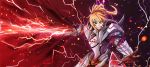 &gt;:d 1girl armor blonde_hair clarent fate/apocrypha fate_(series) green_eyes lightning mordred_(fate) mordred_(fate)_(all) ponytail solo uodo 