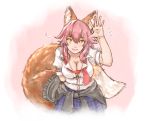  1girl alternate_costume animal_ears blush breasts cleavage clothes_around_waist fate/extella fate/extra fate/grand_order fate_(series) fox fox_ears fox_tail highres jacket_around_waist large_breasts long_hair looking_at_viewer pink_hair riku_hamano school_uniform shirt skirt smile solo tail tamamo_(fate)_(all) tamamo_jk_(fate) twintails unbuttoned yellow_eyes 