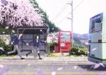  1boy 1girl black_eyes black_hair bow bus cherry_blossoms day ground_vehicle highres long_hair looking_at_another motor_vehicle necktie original outdoors petals running school_uniform skirt smile taka_(tsmix) vending_machine 