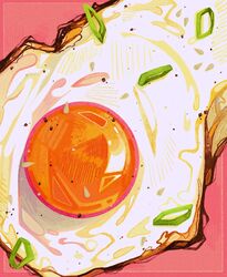  border breakfast close-up commentary egg egg_(food) english_commentary film_grain food food_focus fried_egg hatching_(texture) highres inset_border no_humans original outside_border pepper_(spice) pink_background pink_border quezify sesame_seeds simple_background spring_onion still_life yellow_border 
