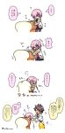  1boy 1girl 4koma ? blush bread brown_hair bubble closed_eyes comic fate/grand_order fate_(series) food fujimaru_ritsuka_(male) glasses hair_over_one_eye highres lavender_eyes lavender_hair mash_kyrielight nabenko open_mouth pillow short_hair sleeping sleepy sunny_side_up_egg sweat translation_request twitter_username 