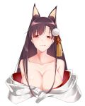  1girl :q absurdres akagi_(azur_lane) animal_ears azur_lane bare_shoulders breasts brown_hair cleavage fox_ears hair_ornament highres large_breasts long_hair looking_at_viewer red_eyes simple_background solo tongue tongue_out upper_body white_background zhi_jiyang 