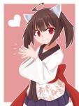 1girl ahoge ao_(aoblueao) bangs blue_skirt brown_hair closed_mouth eyebrows_visible_through_hair hair_between_eyes hands_up headgear heart japanese_clothes kimono long_sleeves looking_at_viewer obi own_hands_together pleated_skirt print_kimono red_eyes sash short_kimono skirt smile solo touhoku_kiritan twintails voiceroid white_kimono wide_sleeves 