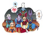  6+boys bald beerus black_hair cream crossed_arms dougi dragon_ball dragon_ball_super dragonball_z earrings egg egyptian_clothes eyelashes food fruit ice_cream jewelry kaioushin kuririn long_sleeves looking_at_another male_focus mohawk multiple_boys nervous number pointy_ears potara_earrings rou_kaioushin serious simple_background sitting staff strawberry sweatdrop tail tenshinhan thought_bubble twitter_username whis white_background wristband 