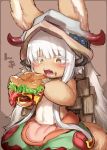  1girl animal_ears bangs blunt_bangs blush_stickers brown_background drooling ears_through_headwear eyebrows_visible_through_hair food fur furry hamburger highres holding holding_food horns lettuce long_hair made_in_abyss meat mustard nanachi_(made_in_abyss) navel open_mouth pouch saliva sitting solo star star-shaped_pupils suurin_(ksyaro) symbol-shaped_pupils tail topless twitter_username very_long_hair whiskers white_hair yellow_eyes 