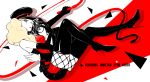  1boy 1girl amamiya_ren black_gloves black_hair blonde_hair boots elbow_gloves fishnet_pantyhose fishnets glasses gloves hat highres hug limited_palette looking_at_viewer pantyhose peaked_cap persona persona_5 persona_5:_dancing_star_night persona_dancing short_shorts shorts smile takamaki_anne thigh-highs thigh_boots whip yolkyao 