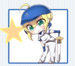  absurdres alternate_costume artoria_pendragon_(all) bangs baseball_cap belt_buckle black_belt blonde_hair blue_gloves blue_hat blue_ribbon blush braid buckle closed_mouth commentary_request excalibur eyebrows_visible_through_hair fate/stay_night fate_(series) gloves green_eyes hair_between_eyes hair_bun hair_ribbon hair_through_headwear hand_on_hilt hat highres jako_(jakoo21) leaning_to_the_side long_hair pants ribbon saber shirt shoes short_sleeves smile standing star striped striped_background striped_shirt vertical-striped_background vertical-striped_pants vertical-striped_shirt vertical_stripes very_long_hair white_footwear white_pants white_shirt 