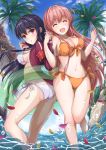  2girls :o ^_^ armband ass barefoot bikini black_hair book breasts butt_crack cleavage closed_eyes commentary_request front-tie_bikini front-tie_top hand_holding highres holding holding_book hoshimaemi innertube jacket long_hair medium_breasts midriff moe2018 multiple_girls navel open_mouth orange_bikini original palm_tree petals pink_hair red_eyes side-tie_bikini sideboob smile swimsuit thigh_gap track_jacket tree very_long_hair wading water_drop white_bikini 