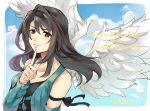  1girl angel_wings arm_ribbon arm_warmers bangs black_hair black_ribbon blue_sky brown_eyes closed_mouth clouds final_fantasy final_fantasy_viii happy_birthday index_finger_raised long_hair ribbon rinoa_heartilly sleeveless smile solo tama_(tmfy5) white_wings wings 