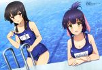  2girls absurdres black_hair black_hairclip blue_swimsuit blush breasts cleavage collarbone embarrassed green_eyes hair_ornament hairclip highres juujou_hiyori large_breasts long_hair looking_at_viewer megami mizuno_takahiro_(artist) multiple_girls name_tag official_art open_mouth pool purple_hair red_eyes school_swimsuit skindentation small_breasts smile strap_pull swimsuit toji_no_miko water yanase_mai 