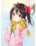  1girl bangs black_hair bow branch flat_(joppin_karu!) hair_bow highres long_sleeves looking_at_viewer love_live! love_live!_school_idol_project pink_cardigan red_bow red_eyes scarf school_uniform smile solo twintails upper_body yazawa_nico yellow_scarf 