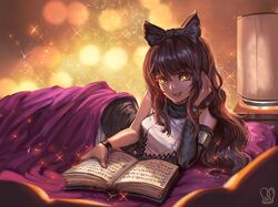  1girl :d arm_support bare_shoulders black_hair blake_belladonna blanket book bow commentary commission detached_sleeve hair_bow long_hair lying on_side open_mouth pillow rwby sa-dui smile solo watermark web_address yellow_eyes 