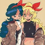  2girls bangs bare_shoulders blonde_hair blue_eyes blue_hair breasts chromatic_aberration cleavage closed_mouth crop_top curly_hair dragon_ball dual_persona earrings eyebrows_visible_through_hair green_eyes hair_ribbon hairband hoop_earrings jacket jewelry long_hair looking_at_viewer lunch_(dragon_ball) midriff moricky multiple_girls navel off_shoulder red_ribbon ribbon shiny smile tank_top upper_body 
