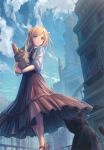  1girl animal black_cat blonde_hair blue_eyes blue_sky building cat closed_mouth clouds cloudy_sky commentary_request day hair_bun high_heels highres holding original outdoors sky smile standing tenmaso 