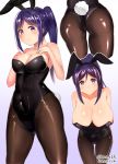  1girl animal_ears artist_name bare_shoulders black_legwear black_leotard breasts bunny_girl bunny_tail bunnysuit cleavage closed_mouth commentary_request covered_navel detached_collar eyebrows_visible_through_hair fake_animal_ears fishnet_pantyhose fishnets highres large_breasts leotard long_hair looking_at_viewer love_live! love_live!_sunshine!! matsuura_kanan nanasumin pantyhose ponytail purple_hair rabbit_ears smile solo tail twitter_username violet_eyes wrist_cuffs 