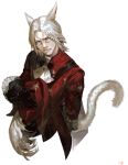  1boy animal_ears blue_eyes cat_ears cat_tail facial_mark final_fantasy final_fantasy_xiv frischenq gloves hat hat_removed headwear_removed looking_to_the_side male_focus miqo&#039;te red_mage short_hair solo tail upper_body white_background white_hair x&#039;rhun_tia 