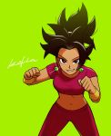  1girl black_eyes black_hair bracelet character_name clenched_hands dragon_ball dragon_ball_super earrings eyelashes fighting_stance fingernails green_background jewelry kefla_(dragon_ball) legs_apart looking_at_viewer pants ponytail potara_earrings red_pants red_shirt shaded_face shirt simple_background smile solo_focus spiky_hair standing tank_top 